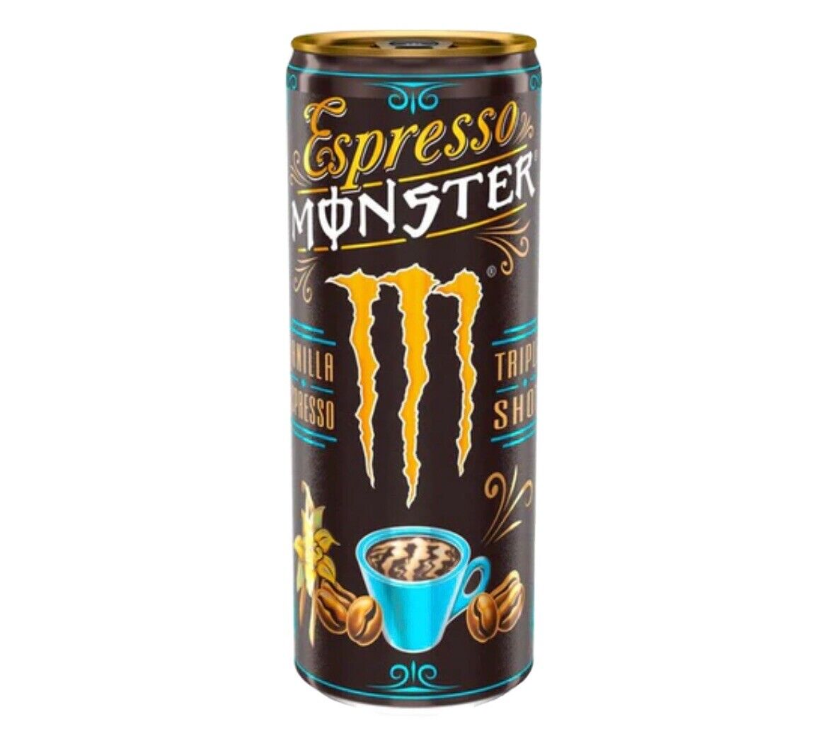 Front of a can of Monster Espresso Triple Shot Vanilla (250ml) showing brand logo, espresso and vanilla flavour details, and an image of a coffee cup.