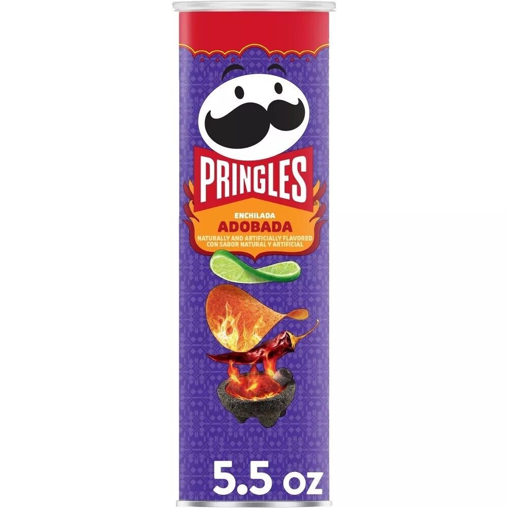 Front of Pringles Enchilada Adobada tube featuring bold logo, vibrant colours, and images of chilies, lime, and traditional motifs (158g)