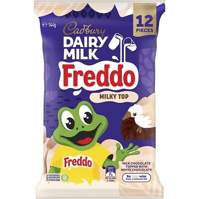 Front of Cadbury's Freddo Milky Top Sharepack showing logo, milk chocolate and white chocolate imagery, and pack size of 144g with 12 pieces