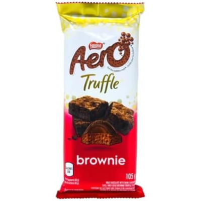 Front of Aero Truffle Brownie package featuring the Aero logo, truffle brownie image, and red and white design (105g pack)