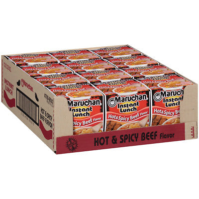 Front of Maruchan Hot & Spicy Beef Flavour Instant Lunch Ramen Noodles cup showing red label with logo and image of ramen noodles, 12 pack (12 x 64g)