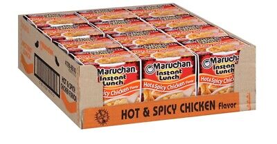 Front of Maruchan Hot & Spicy Chicken Flavour Instant Lunch Ramen Noodles 12 Pack showing brand logo and colourful noodle cups (12 x 64g)