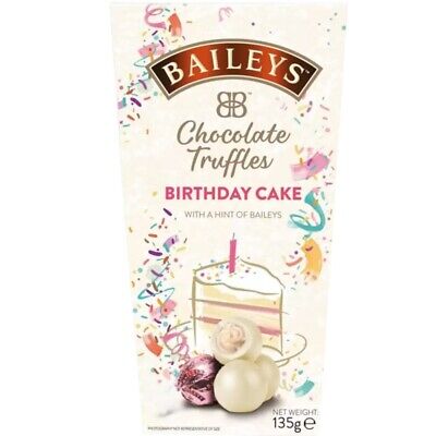 Front of Bailey's Birthday Cake Truffles pack showing logo and festive imagery, with 135g label and chocolate truffles illustration.