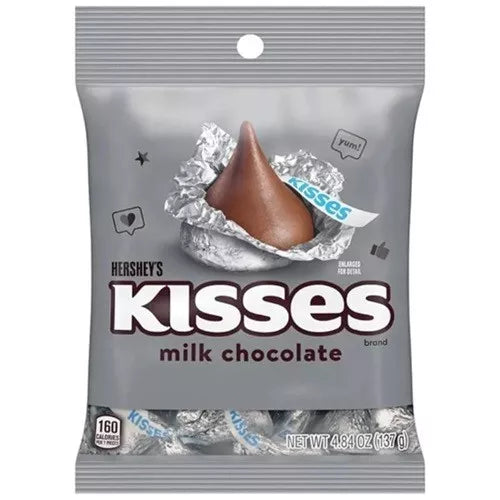 Front of Hershey's Milk Chocolate Kisses bag showing the brand logo, milk chocolate kisses, and pack size of 137g.