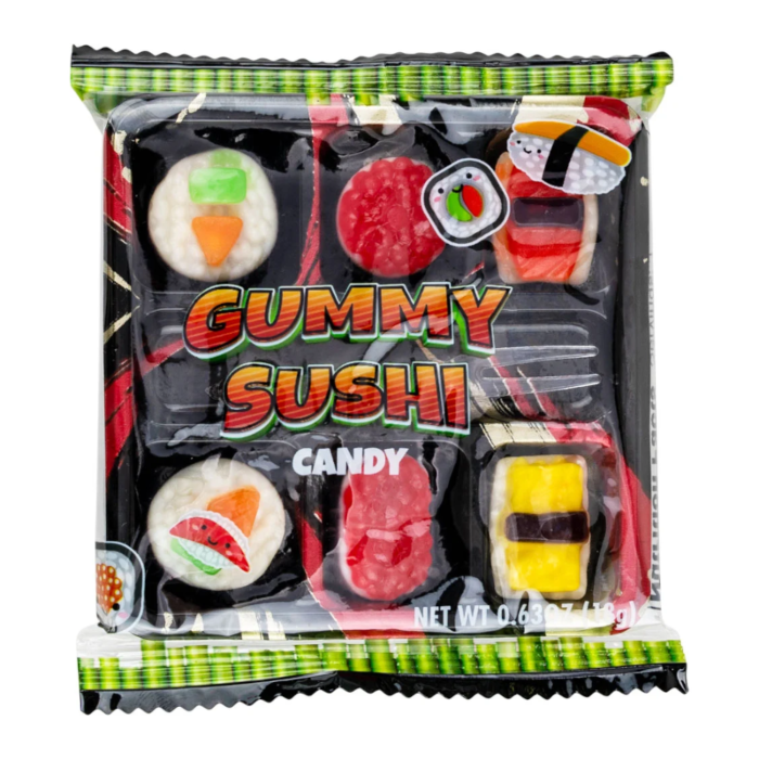 Front of KoKo's Gummy Sushi packaging featuring colourful gummy candy shaped like sushi pieces in a black background (18g pack)