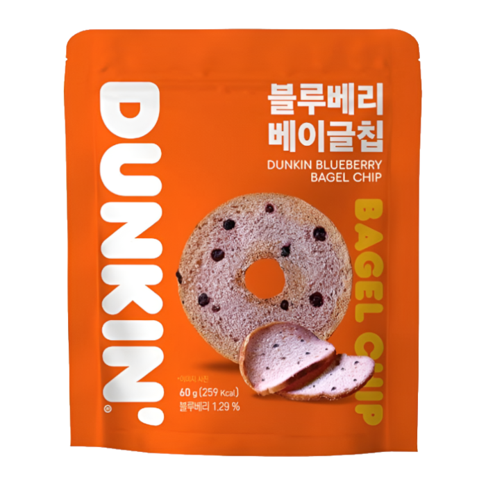 Front of Dunkin' Blueberry Bagel Chips package showing bright orange background, product title, and blueberry bagel chips image (60g pack)