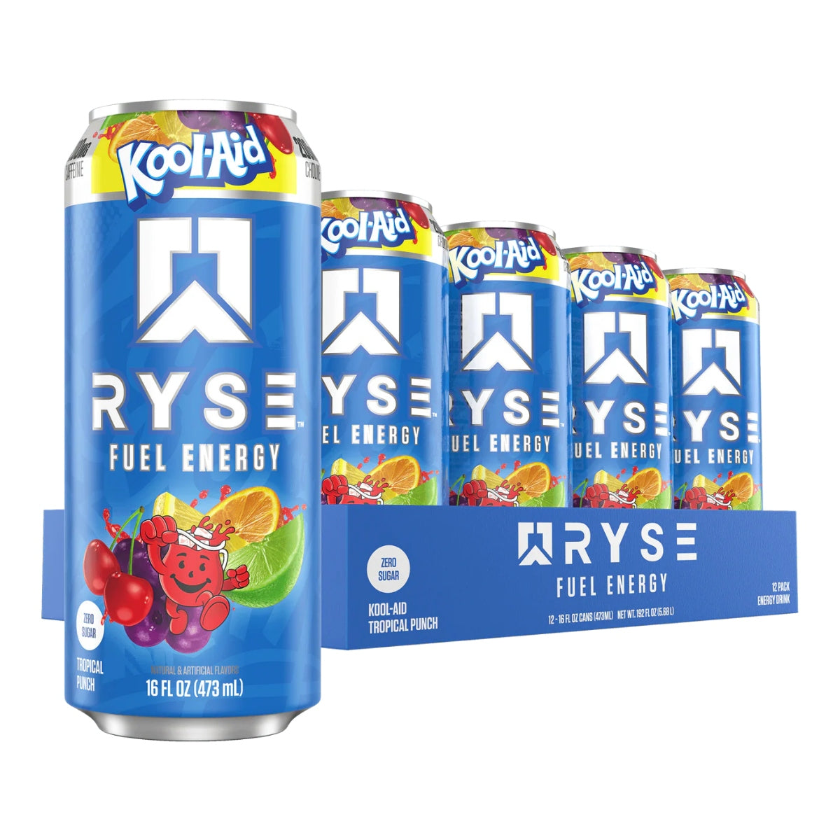 Front of Ryse Fuel Energy Drink Kool Aid Tropical Punch case showing vibrant blue cans, Kool-Aid logo and tropical punch label (12 x 473ml)
