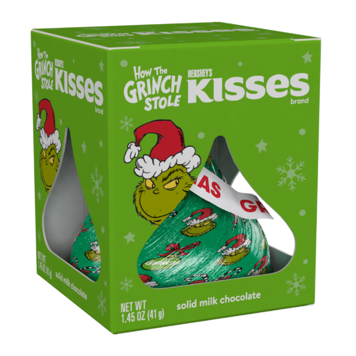 Front of Hershey's Kisses Grinch Solid Milk Chocolate box showing the Grinch character, festive design, and solid milk chocolate details (41g pack)