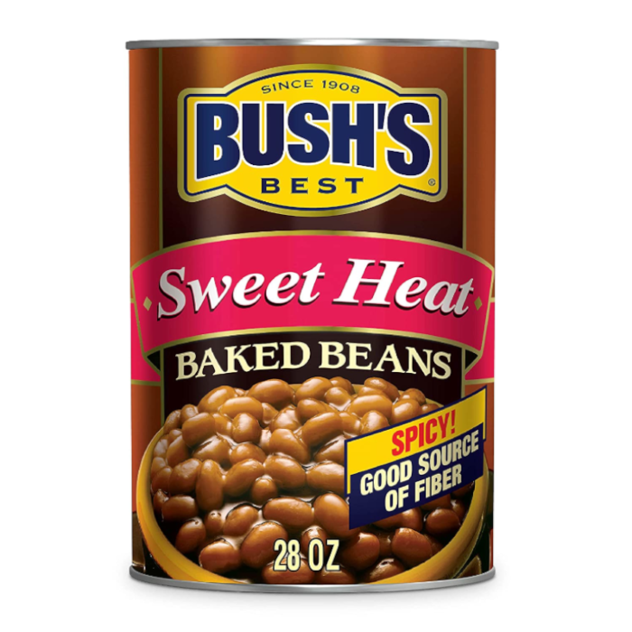 Front of Bush's Best Baked Beans Sweet Heat can showing logo, sweet heat flavour, and 794g pack size