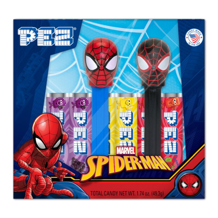 Front of PEZ Spider-Man Gift Set showing Spider-Man dispensers and assorted fruity candies (49g total)