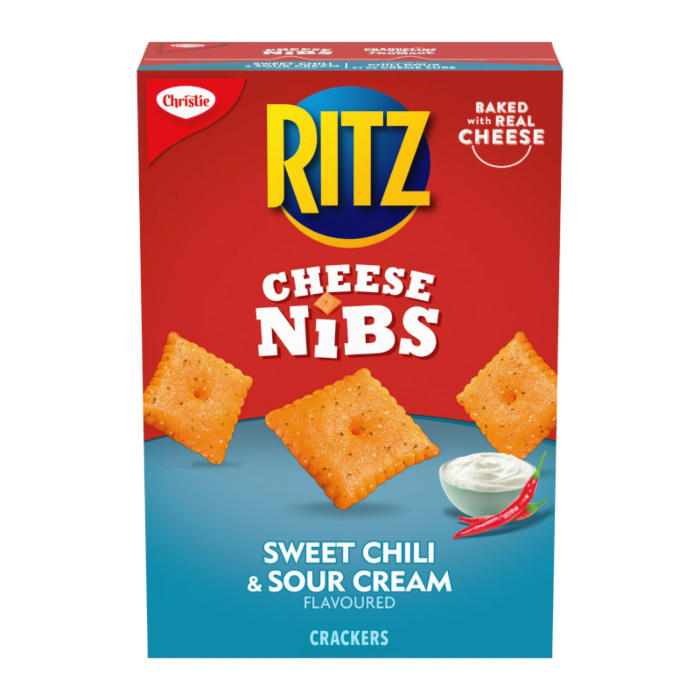 Front of Ritz Cheese Nibs Sweet Chili & Sour Cream box showing bold yellow logo, colourful crackers, and dip illustration (180g pack)