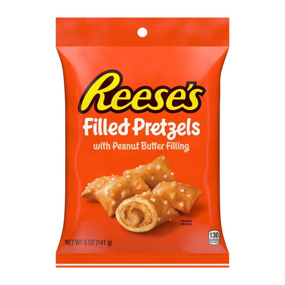 Front of Reese's Filled Pretzels bag showing bold logo, peanut butter filling label, and image of pretzels (141g pack)
