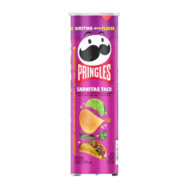 Front of a can of Pringles Carnitas Taco showing the logo, vibrant pink background, taco illustration, and pack size (158g)