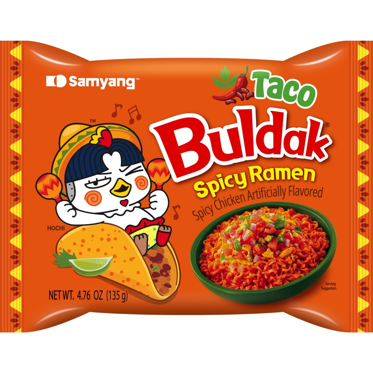 Front of Samyang Buldak Spicy Taco Hot Chicken Ramen Noodles pack showing vibrant orange design, cartoon character, and bowl of noodles (130g pack)