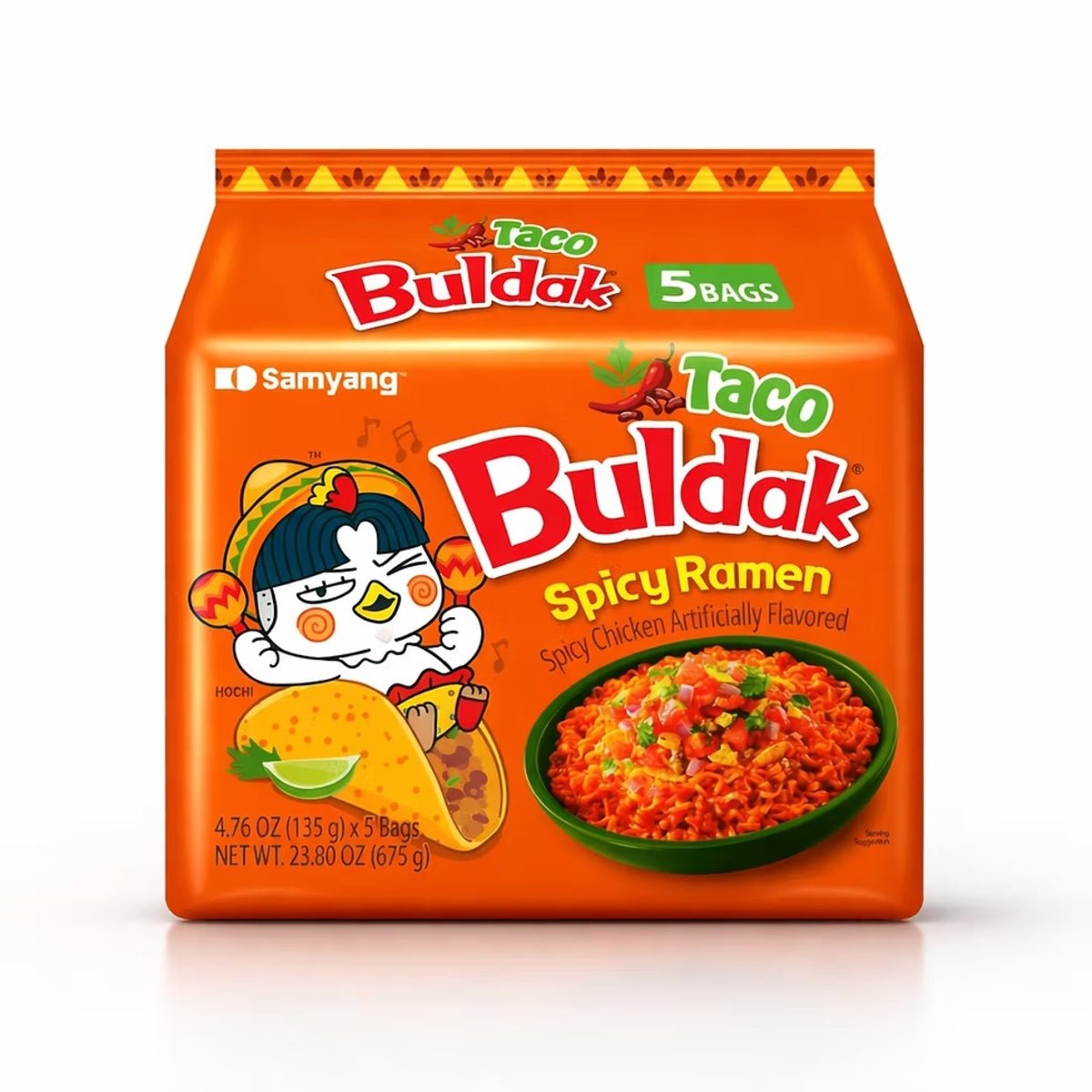 Front of Samyang Buldak Spicy Taco Hot Chicken Ramen Noodles 650g pack featuring bright orange packaging with logo, cartoon character, and illustration of spicy ramen dish.