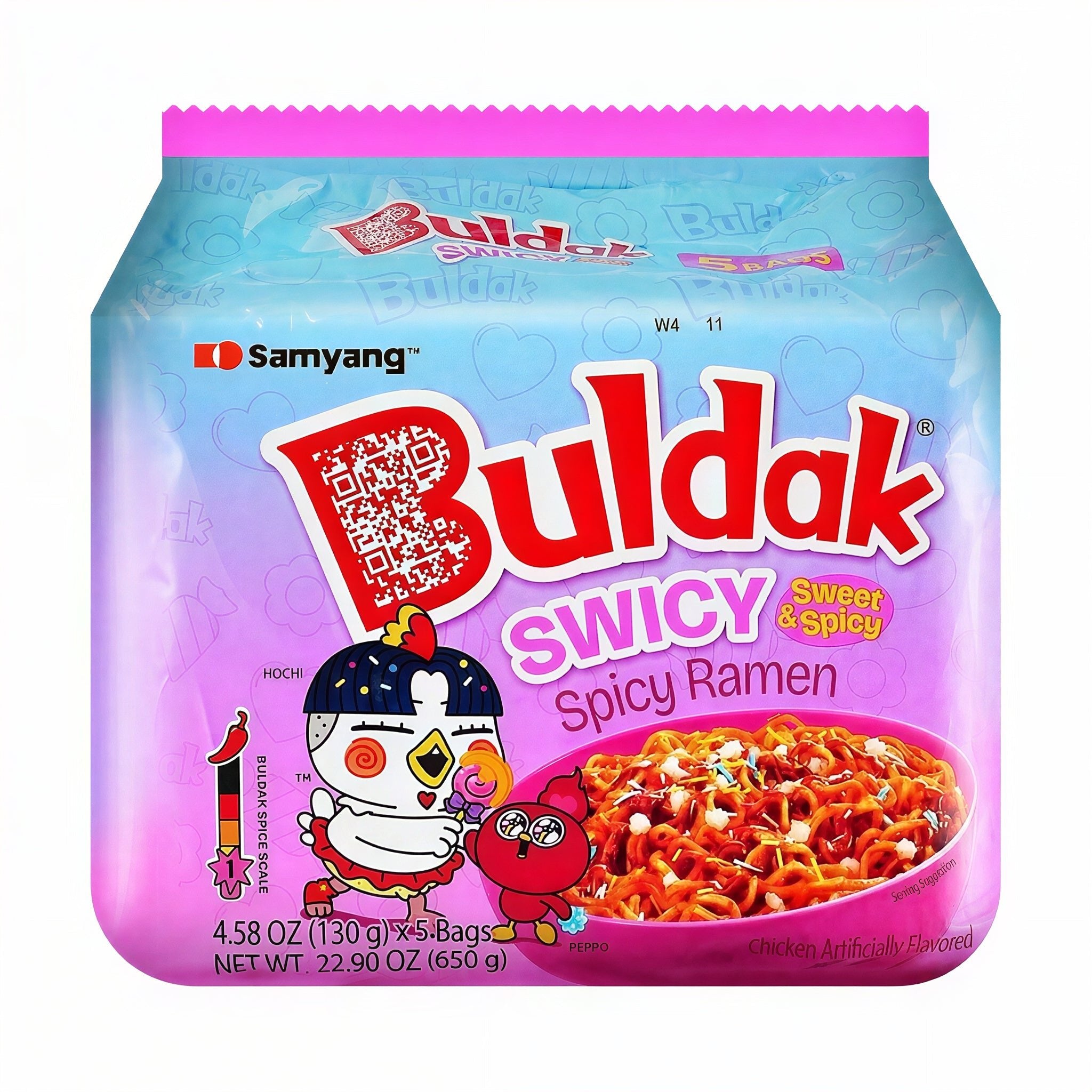 Front of Samyang Buldak Swicy Hot Chicken Ramen Noodles pack showing bold logo, sweet and spicy flavour label, and visual of noodles (650g pack)