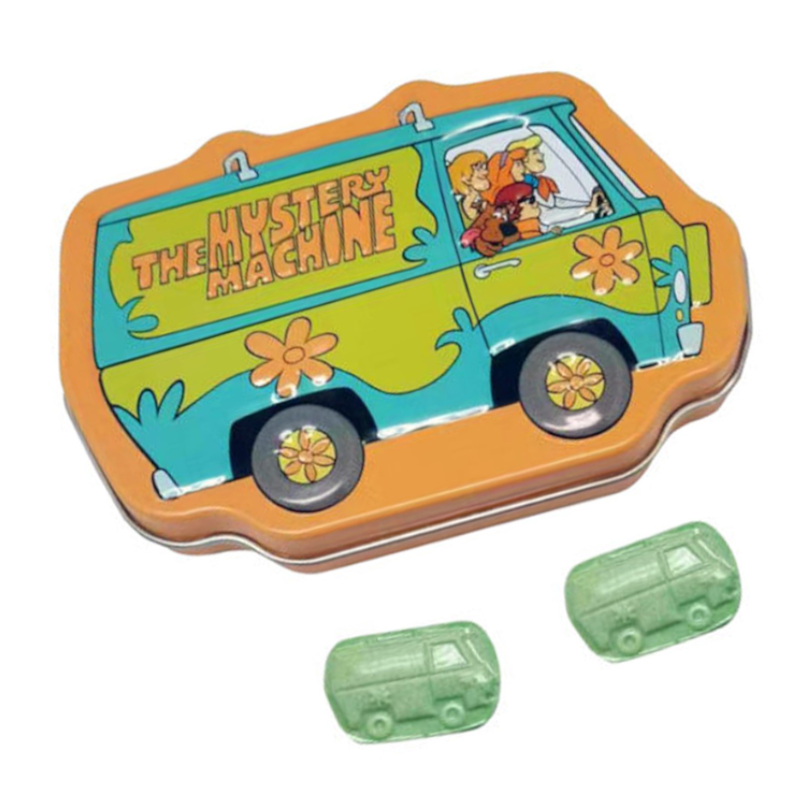 Front of Scooby Doo Mystery Machine Sour Candies Tin showing vibrant tin design with Mystery Machine graphics and two sour candy pieces (42g)