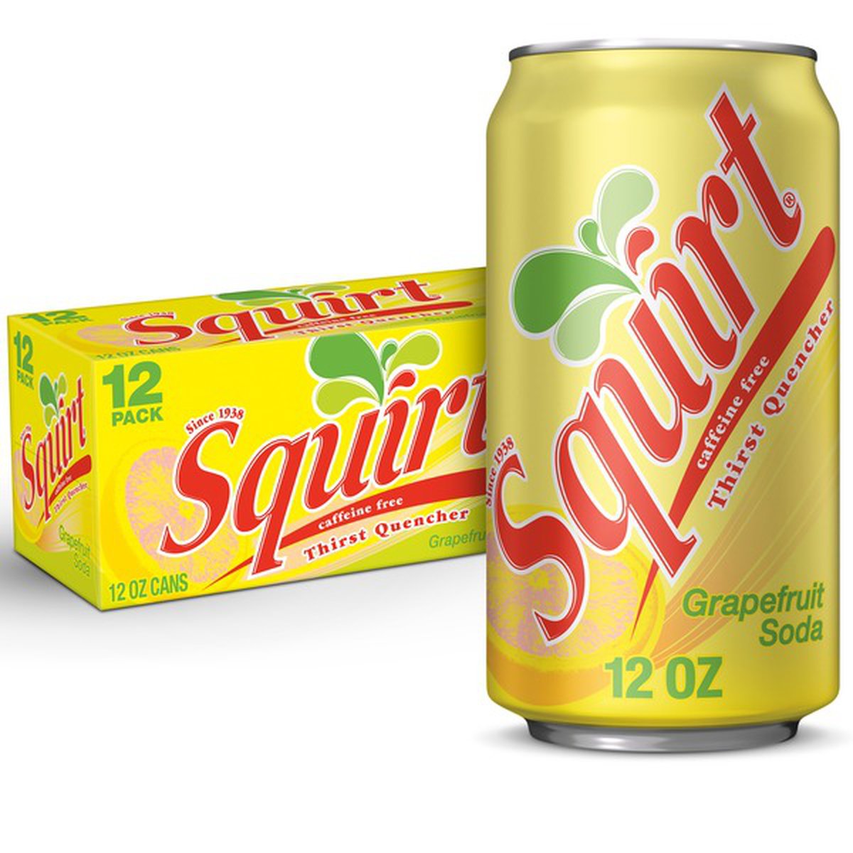 Front of Squirt Grapefruit Soda case showing bright yellow packaging with the logo, 12 pack of 355ml cans, and display of refreshing grapefruit image.