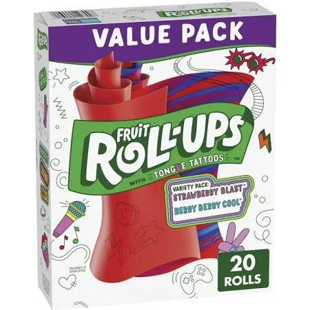 Front of Fruit Roll Ups Variety Pack box featuring colourful design, logo, and 20 rolls in assorted flavours (283g pack)