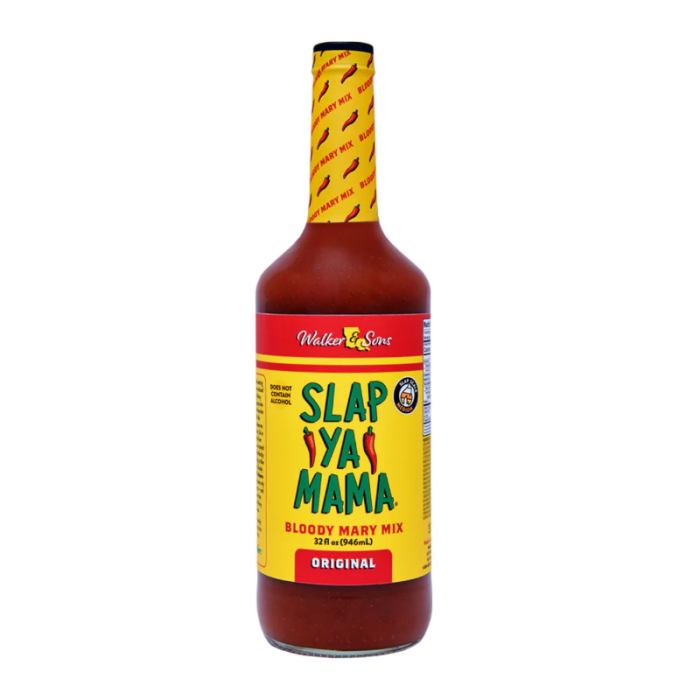 Front of Slap Ya Mama Bloody Mary Mix bottle showing the brand name, Bloody Mary Mix details, and original flavour (946ml)