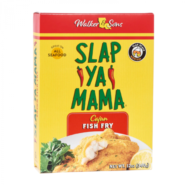 Front of Slap Ya Mama Cajun Fish Fry box showing bold green logo, Cajun fish fry label, and image of seasoned fish with lemon (340g pack)