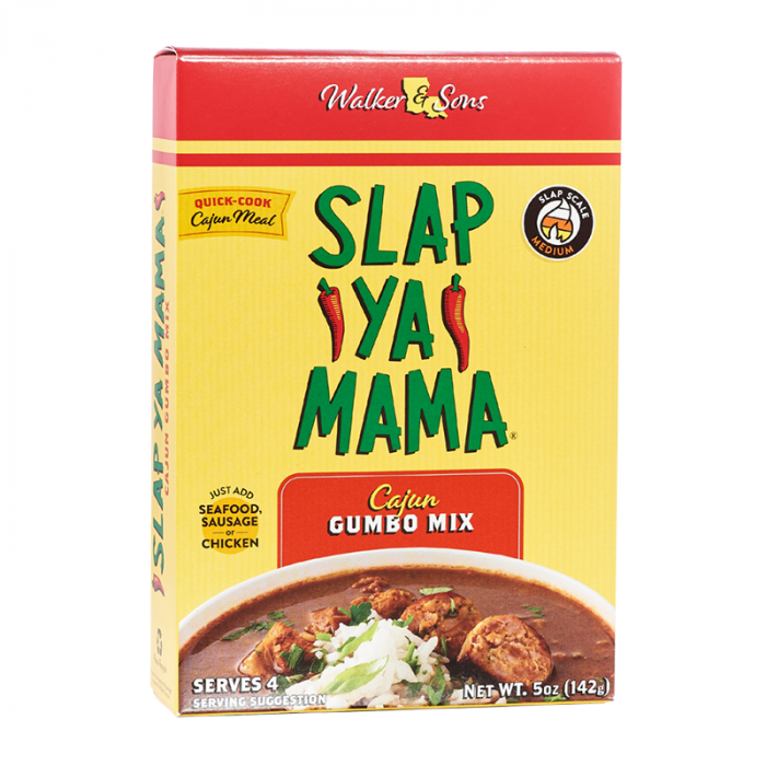 Front of Slap Ya Mama Cajun Gumbo Mix box featuring bright yellow packaging, Cajun flavour label, and serving suggestion with gumbo in a bowl (142g pack)