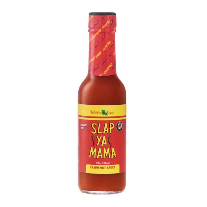 Front of Slap Ya Mama Cajun Hot Sauce bottle showing red label with yellow accents and logo (148ml)