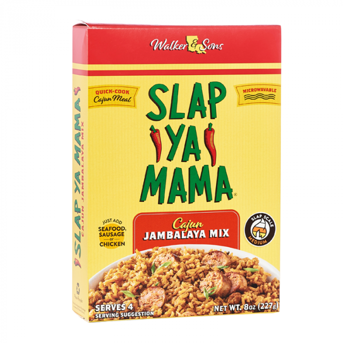 Front of Slap Ya Mama Cajun Jambalaya Mix box displaying bold logo, Cajun flavour label, and image of cooked jambalaya (227g pack)