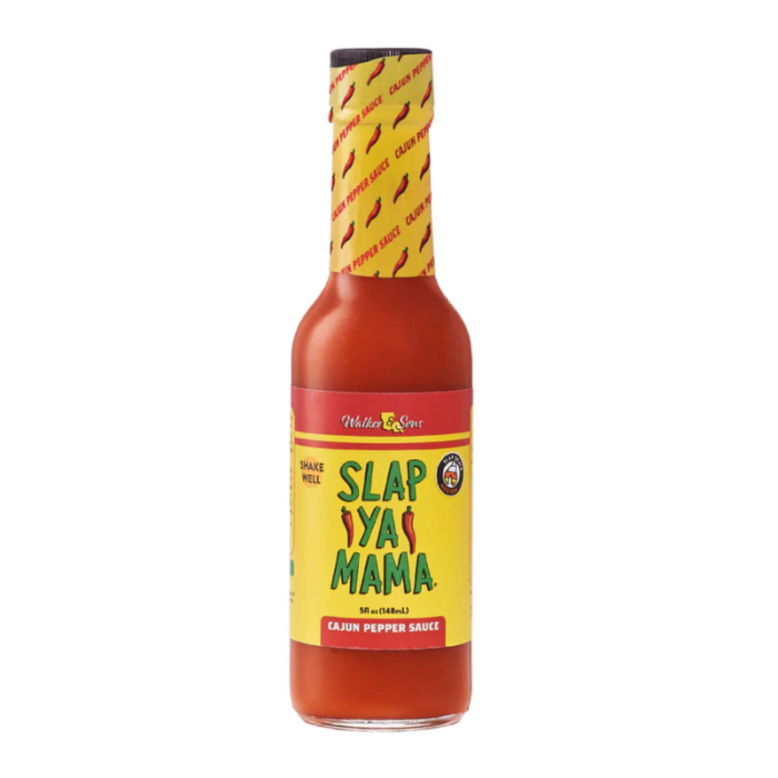 Front of Slap Ya Mama Cajun Pepper Sauce bottle showcasing the bold yellow label, logo, and 148ml size