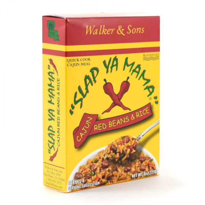 Front of Slap Ya Mama Cajun Red Beans & Rice Mix box showing vibrant yellow packaging, red beans and rice image, and serving suggestion (227g pack)