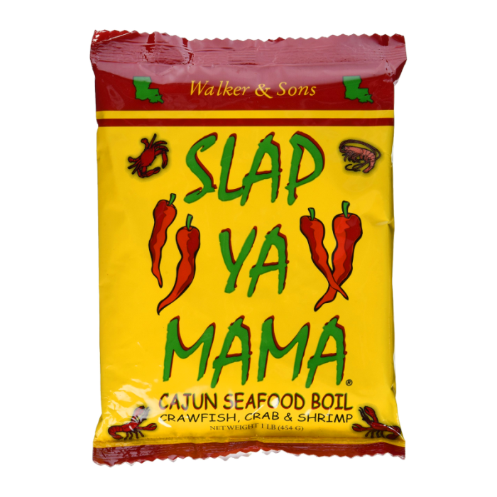 Front of Slap Ya Mama Cajun Seafood Boil package showing the bold yellow label with logo, chili peppers, and product details (454g pack)