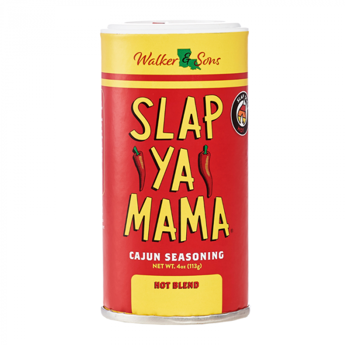 Front of Slap Ya Mama Cajun Hot Seasoning Blend showing bold red packaging with logo, chili peppers, and 'Cajun Seasoning' label (113g pack)