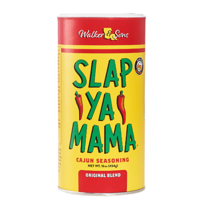 Front of Slap Ya Mama Cajun Seasoning Original Blend (454g) showing bold yellow container with green lettering and red accents.