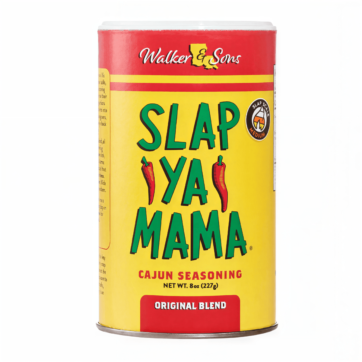Front of Slap Ya Mama Cajun Seasoning Original Blend container showing vibrant yellow packaging, brand logo, and red text indicating 227g pack size.