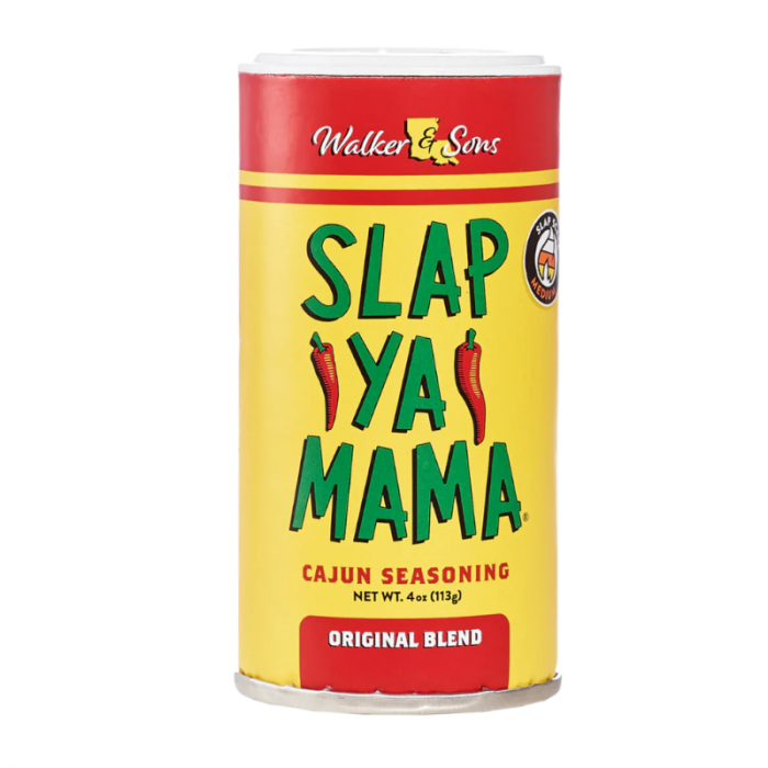 Front of Slap Ya Mama Cajun Seasoning Original Blend container showing bold logo, cayenne pepper graphics, and 113g pack size