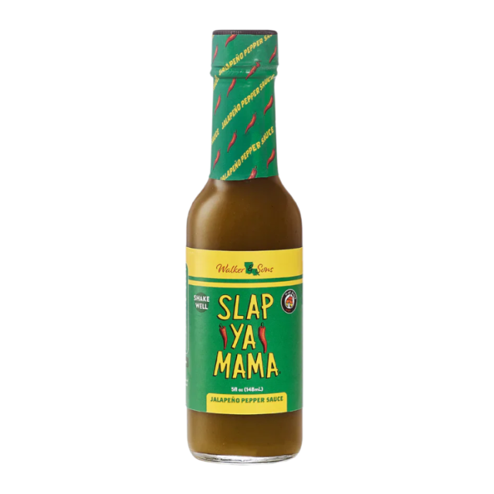Front of Slap Ya Mama Jalapeño Pepper Sauce bottle displaying the brand logo, vibrant green label, and product details (148ml)