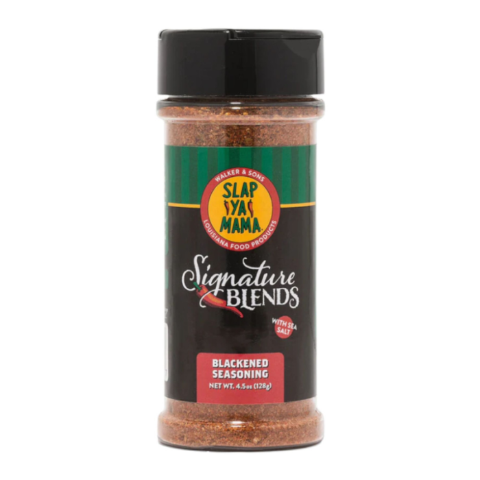 Front of Slap Ya Mama Signature Blends Blackening Seasoning bottle with logo and description, showcasing the 128g pack size.