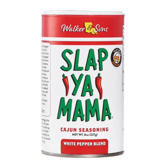 Front of Slap Ya Mama White Pepper Blend Cajun Seasoning showing bold green and red label with Cajun seasoning details and 227g pack size.