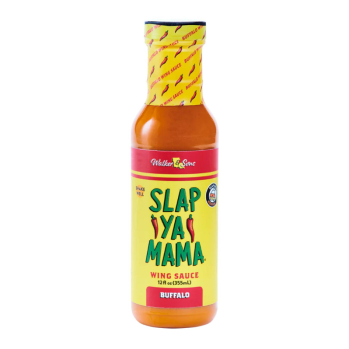 Front of Slap Ya Mama Buffalo Wing Sauce bottle showing bold yellow label with red accents, featuring the product name and Buffalo flavour (355ml pack)