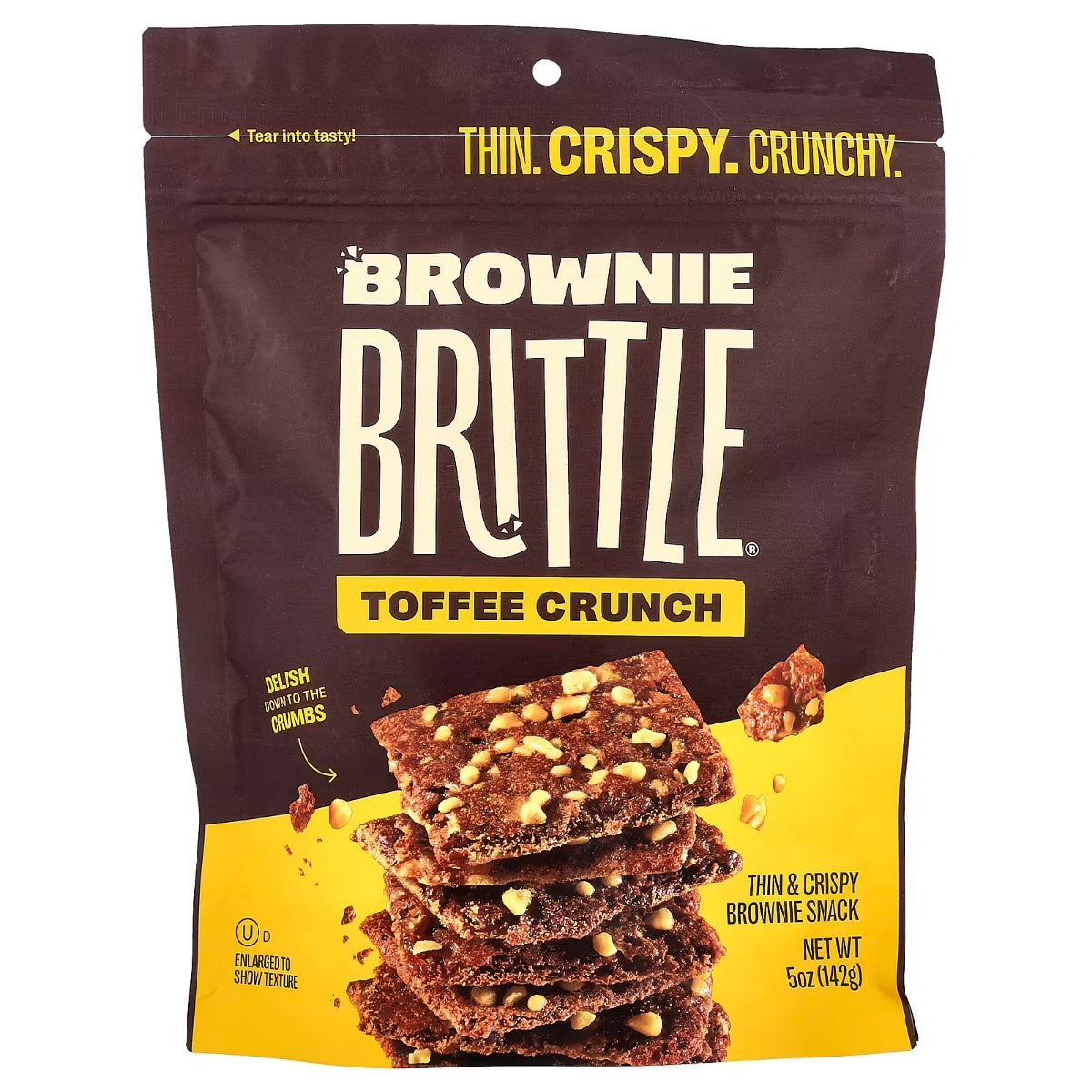 Front of Sheila G's Brownie Brittle Toffee Crunch bag showing logo, toffee crunch flavour, and brownie snacks (78g pack)