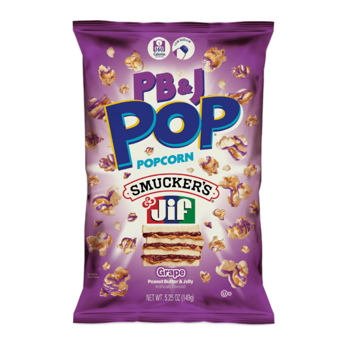 Front of PB&J Pop Grape Popcorn bag showing the logo, grape flavour label, and popcorn pieces (149g pack)
