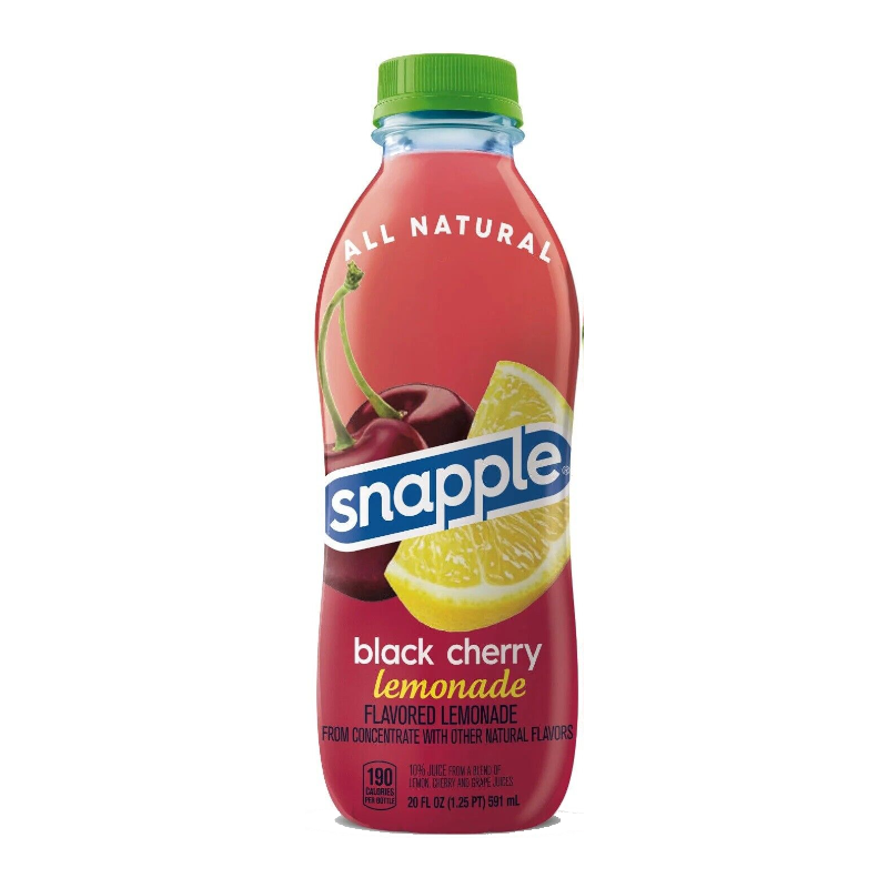Front of Snapple Black Cherry Lemonade bottle featuring a red label with cherries and lemon, displaying 591ml volume.