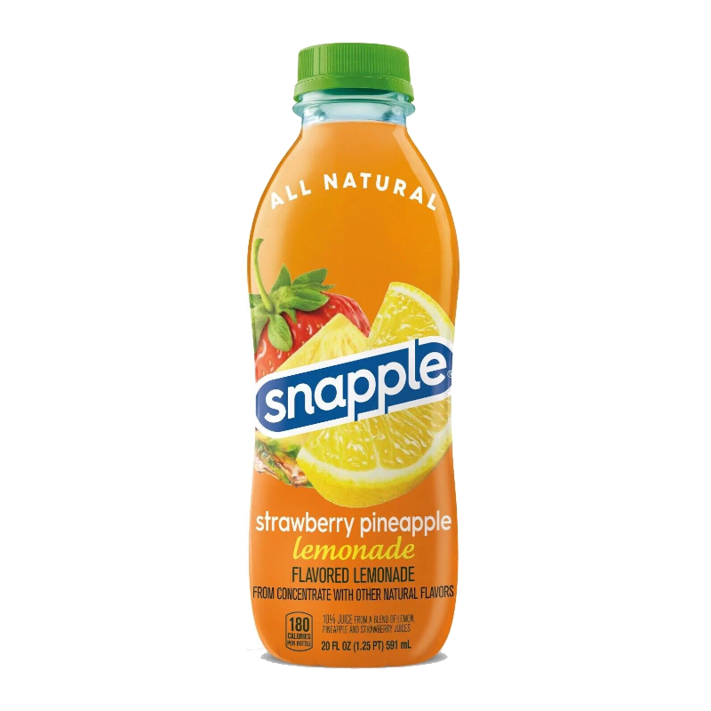 Front of Snapple Strawberry Pineapple Lemonade bottle showing bright orange label with logo, strawberry and pineapple imagery, and 591ml quantity