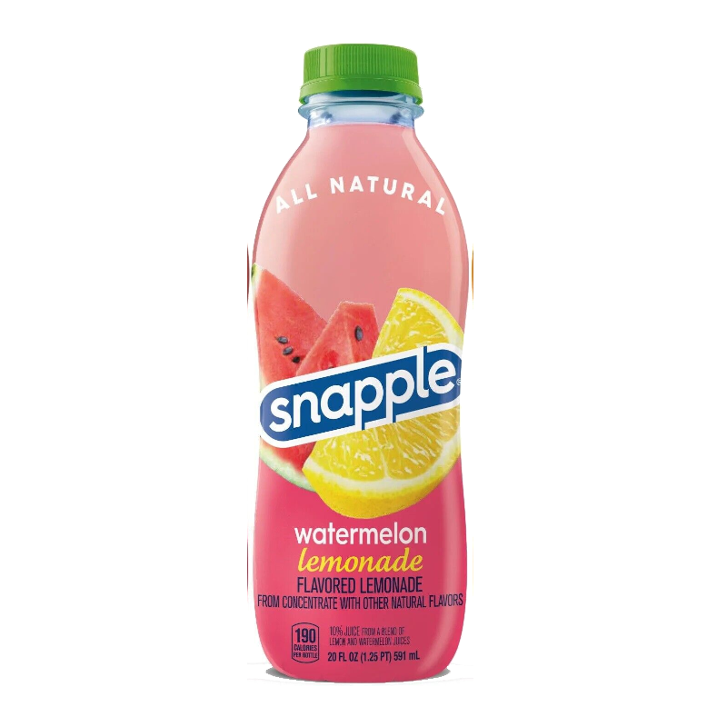 Front of Snapple Watermelon Lemonade bottle showing the Snapple logo, watermelon and lemon graphics, and 591ml size.