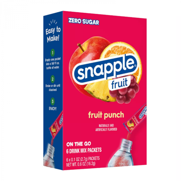 Front of Snapple Fruit Punch Singles To Go box displaying the Snapple logo, fruit punch flavour label, and images of fruit (16.2g pack)