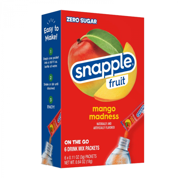 Front of Snapple Mango Madness Singles To Go box showing vibrant mango graphics and packaging details, featuring 6 drink mix packets (18g total)