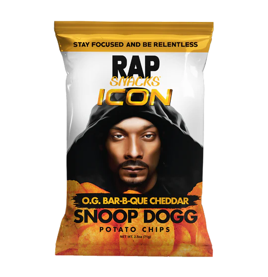 Front of Rap Snacks Snoop Dogg Barbeque Cheddar potato chips bag showing Snoop Dogg's face, golden label, and a pack size of 71g.