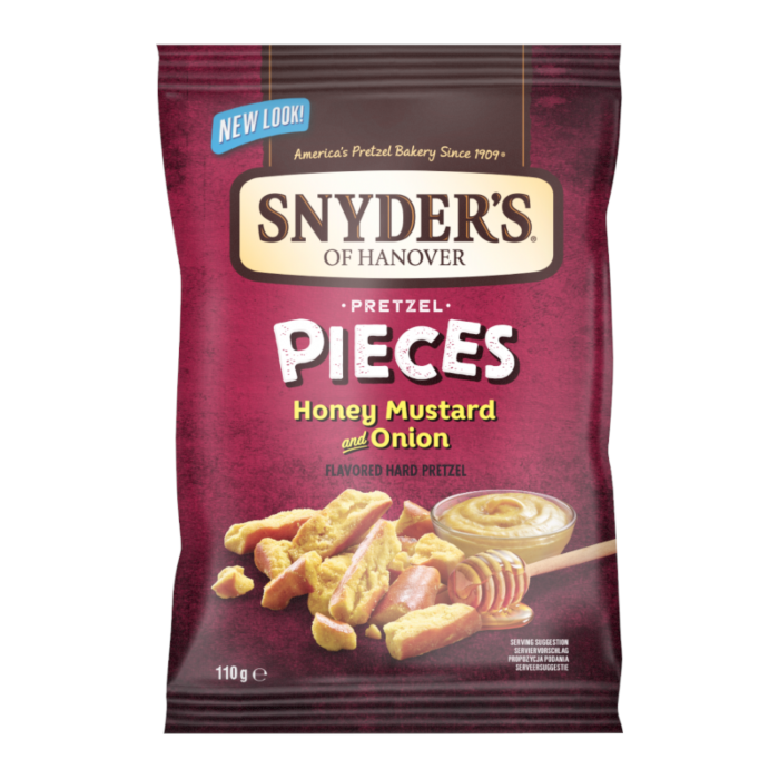 Front of Snyder's Pretzel Pieces Honey Mustard & Onion bag showing brand logo, pretzel pieces, and honey mustard dip, 110g pack.