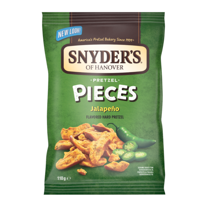 Front of Snyder's Pretzel Pieces Jalapeno bag showing bold green packaging, logo, and a mix of pretzel pieces with jalapeno slices (110g pack)