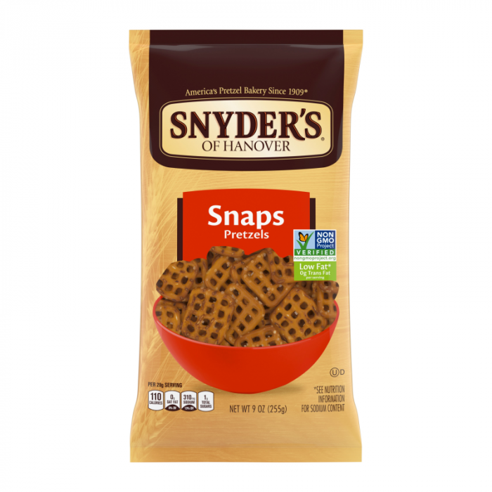 Front of Snyder’s Pretzel Snaps bag showing logo, pretzel shape in a red bowl, and pack size of 255g.